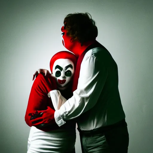 Prompt: a mime hugging a clown, dramatic lighting, chiaroscuro