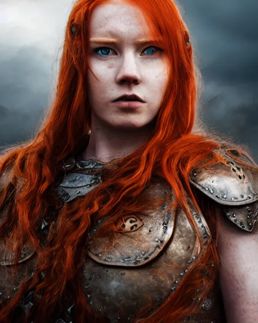 Image similar to north female warrior, red hair, ginger hair, long hair, fantasy, female Viking, high detailed, photography, cloudy, lightweight leather armour, Scandinavia, plain, detailed face, cute face, model, glowing skin, serious face, full body, professional photographer, masterpiece, 8k, 3D