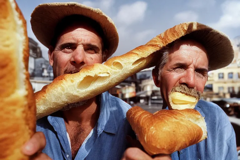 Image similar to closeup portait of a man being eaten by a giant baguette, natural light, sharp, detailed face, magazine, press, photo, Steve McCurry, David Lazar, Canon, Nikon, focus