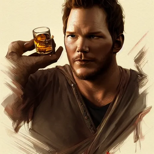 Prompt: Chris Pratt deadbeat dad hungover drunk dripping with bourbon, D&D, fantasy, intricate, elegant, highly detailed, digital painting, artstation, concept art, matte, sharp focus, illustration, art by Artgerm and Greg Rutkowski and Alphonse Mucha