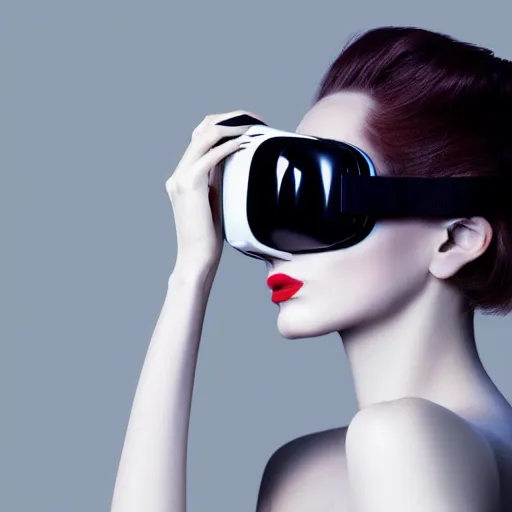 Image similar to high fashion photography of a model in neo futurism white sci - fi makup, wearing vr goggles, transparent cloth, beautifully lit