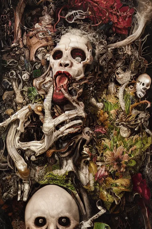 Image similar to Detailed maximalist portrait a with large lips and with large white eyes, angry expression, fleshy skeletal, botany, HD mixed media collage, highly detailed and intricate, Matte painting by Adrian Ghenie, Hans Baldung, Jaroslav Jasnikowski and James Jean, dark art, baroque