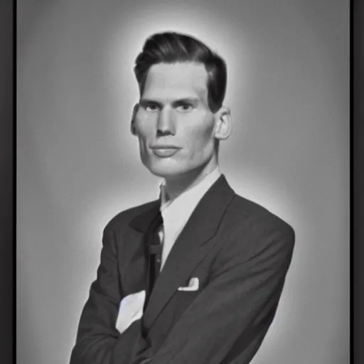 Image similar to A photograph portrait of Jerma985 wearing a suit with and fedora in the 1950s, taken in the early 1950s, grainy, taken on a 1950s Kodak Camera, realistic, hyperrealistic, very realistic, highly detailed, very detailed, extremely detailed, detailed, digital art, trending on artstation