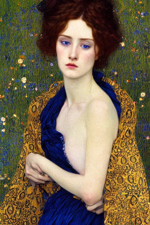 Prompt: Portrait of a Beautiful sad female, elegant, digital painting, Pre-Raphaelites, highly detailed, concept art, smooth, sharp focus, gold and indigo, illustration, art by Klimt .