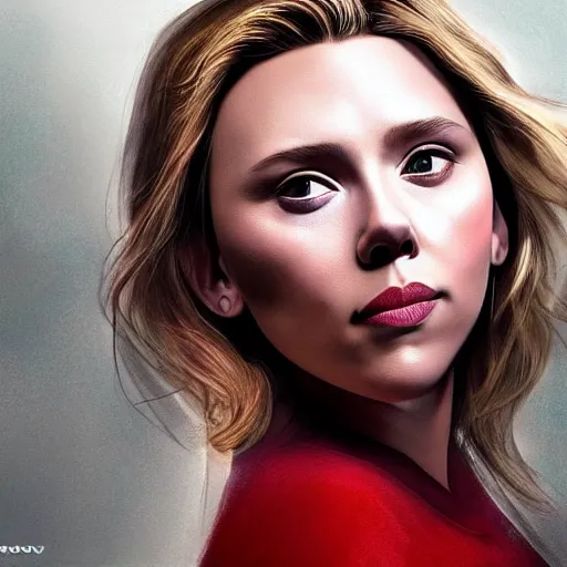 Image similar to ((((Scarlett Johansson)))) and Elizabeth Olsen!!!!!!!!! crossbreed, illustrated and rendered by Xie Boli, trending on artstation, 4k, 8k, photorealistic imagery, photorealistic details, intricate, highly detailed