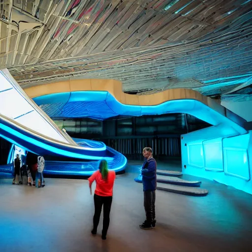 Prompt: someone showing the inside of a futuristic neon blue spaceship