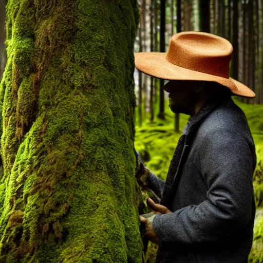 Image similar to portrait of a man with hat made of moss, 4k, full shot, high details, natural light, Forrest in background