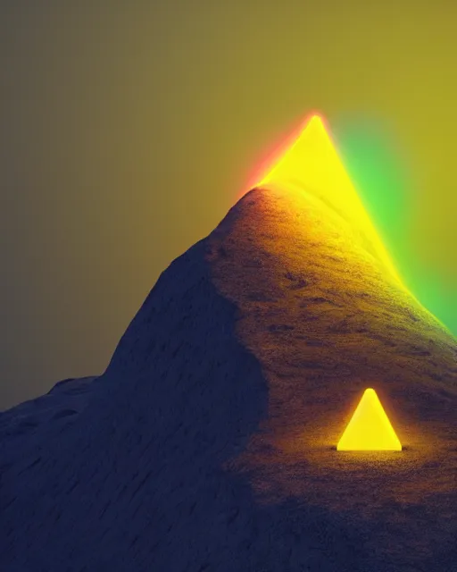 Image similar to a man standing in the middle of a mountain with a glowy neon triangle, a render by filip hodas, behance contest winner, environmental art, rendered in cinema 4 d, volumetric lighting