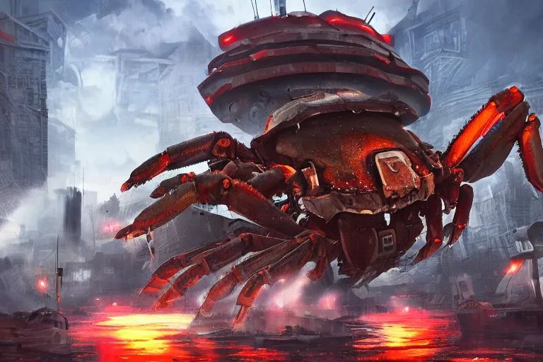 Image similar to giant mechanical crab destroying buildings on a city, digital painting, mixed media, trending on artstation and deviantart, epic composition, highly detailed, 8 k