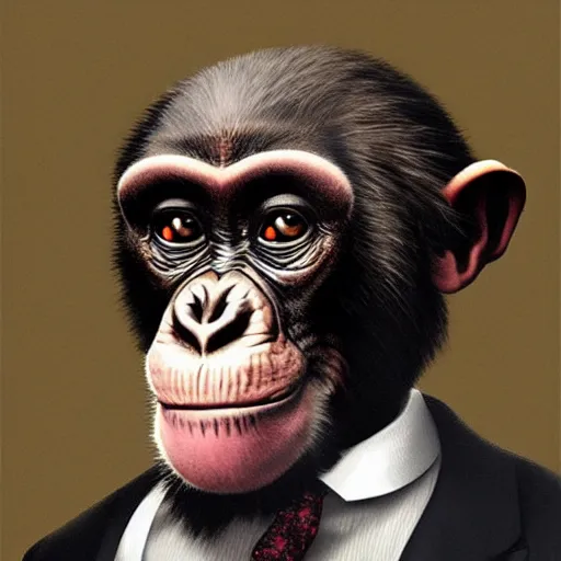 Image similar to a high detail portrait of a chimp wearing a suit 👔,and smoking🚬