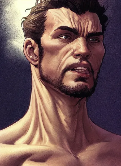Prompt: a handsome man. he is dino man, wearing a dinosaur themed superhero costume. clean elegant painting, beautiful detailed face. by artgerm and greg rutkowski and alphonse mucha