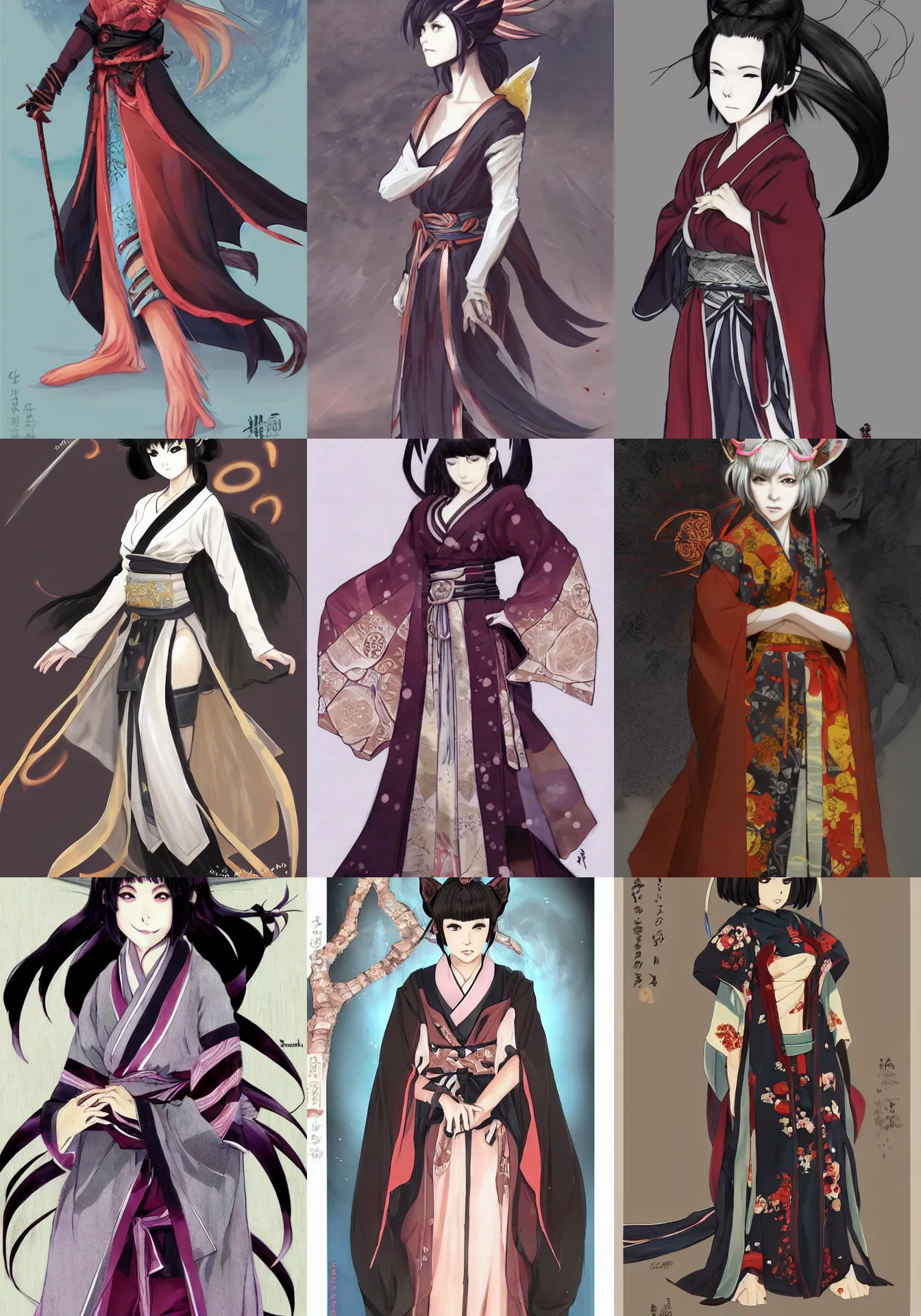 Prompt: A anime full-body portrait of Ssunbiki as a beautiful older kitsune woman with dark hime cut hair wearing a kimono from Skyrim, by Stanley Artgerm Lau, WLOP, Rossdraws, James Jean, Andrei Riabovitchev, Marc Simonetti, and Sakimichan, trending on artstation, cinematic character concept art