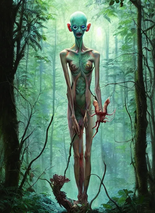 Image similar to hyper realistic magic alien in the woods in a river gorgeous lighting, lush forest foliage blue sky a hyper realistic painting by chiara bautista and beksinski and norman rockwell and greg rutkowski, tom bagshaw weta studio, and lucasfilm