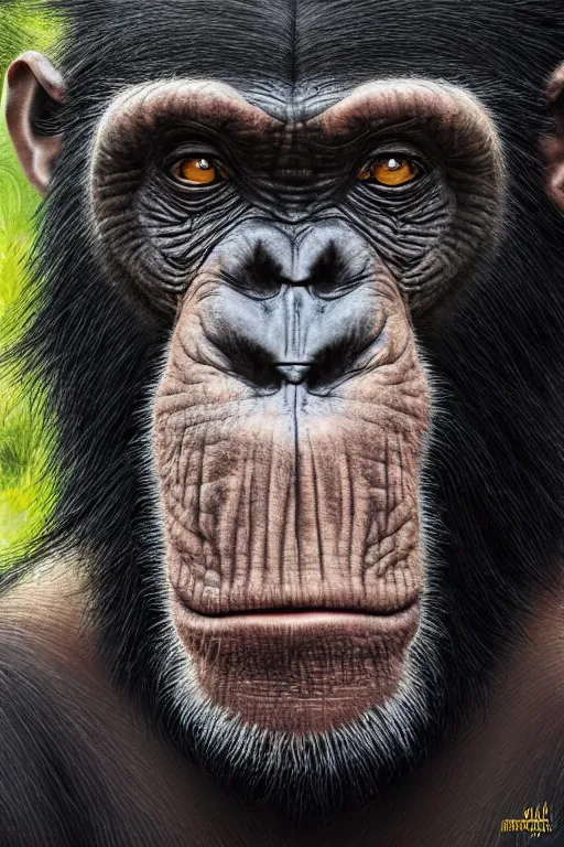 Image similar to photorealistic portrait photograph of a chimpanzee as a glorious regal space king, sleek outfit, upper body, fantasy, handsome, depth of field, soft focus, highly detailed, intricate, realistic, national geographic cover, soft glow, textured, artstation, concept art, sharp focus, illustration, art by artgerm and greg rutkowski and alphonse mucha