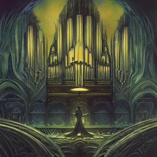 Image similar to pipe organ space opera album cover, style of alan lee, john howe, dramatic lighting, detailed, gothic, ornate