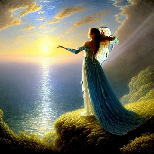 Image similar to an elegant fairy queen in a blue lace dress dancing looking out at a lord of the rings scenery landscape, staring across the sea at a white timber sail boat, sunrise, god's rays highly detailed, vivid colour, soft clouds, floral sunset, cinematic lighting, perfect composition, gustave dore, derek zabrocki, greg rutkowski, belsinski