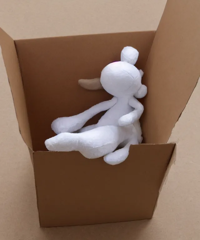 Image similar to a plushie in a cardboard box