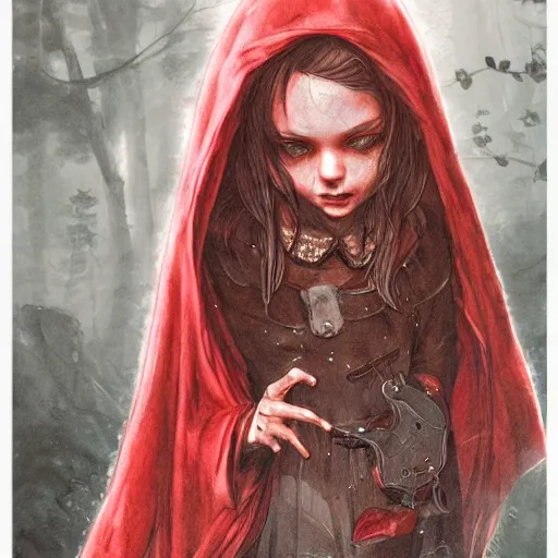 Prompt: cute Little red riding hood stands there crying, tear rolling down cheek, detailed intricate ink illustration, dark atmosphere, detailed illustration, hd, 4k, digital art, overdetailed art, concept art, by greg rutkowski, by loish, complementing colors, Trending on artstation, deviantart