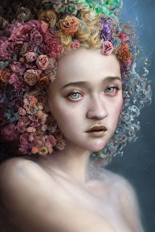 Image similar to closeup portrait shot of julia garner as delirium of the endless, the sandman, the fairy queen, floral growth, thick fancy makeup, highly detailed, digital painting, artstation, concept art, soft focus, depth of field, artgerm, tomasz alen kopera, peter mohrbacher, donato giancola, wlop, boris vallejo