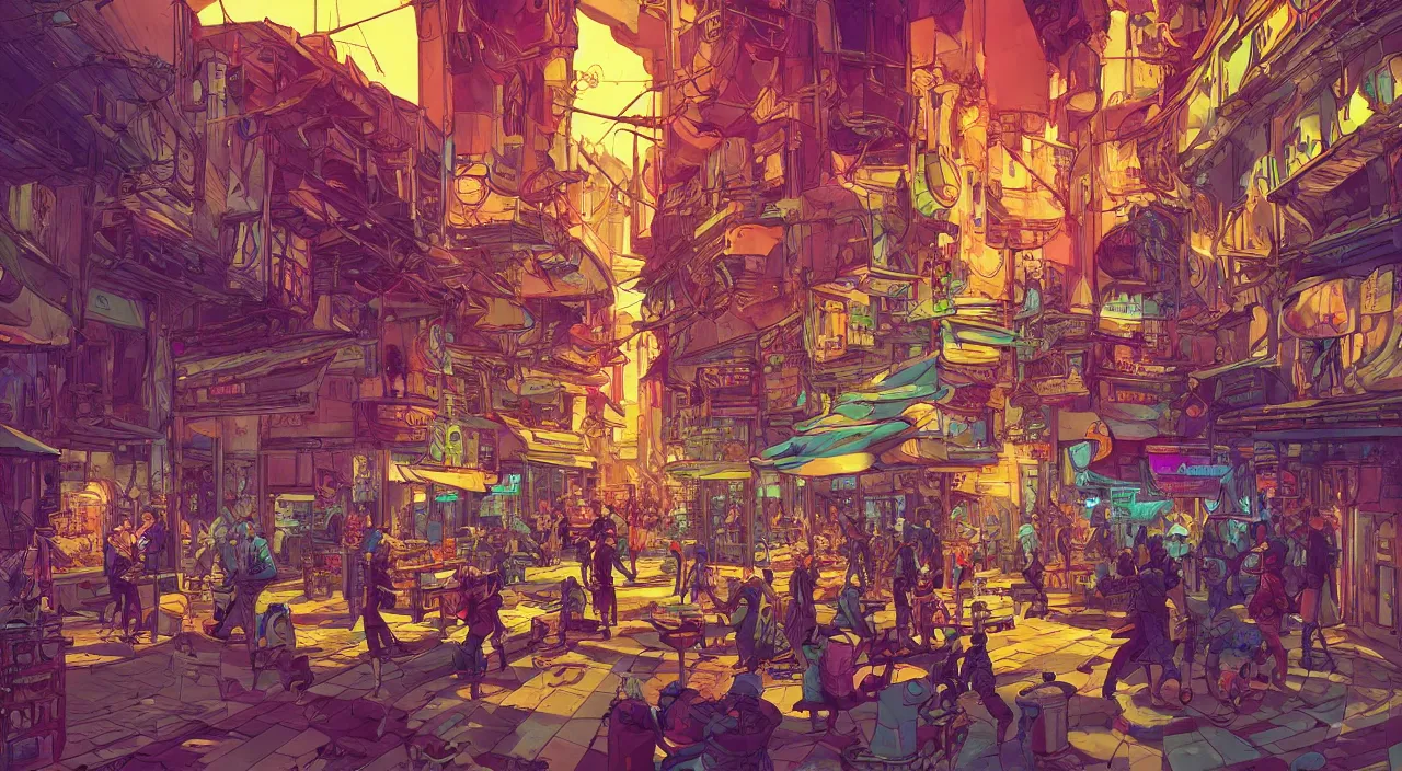 Image similar to bazaar zouk oriantal full color sky shine place mosquet painting stylized digital illustration video game icon global illumination ray tracing that looks like it is from borderlands and by feng zhu and loish and laurie greasley, victo ngai, andreas rocha, john harris