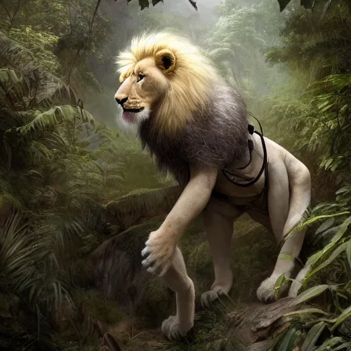 Image similar to commission portrait of a male anthro albino lion,wearing cargo pants and a boack t-shirt,going through a jungle cautiously.dramatic,character design by charles bowater,greg rutkowski,ross tran,hyperdetailed,hyperrealistic,4k,deviantart,artstation,professional photography,concept art