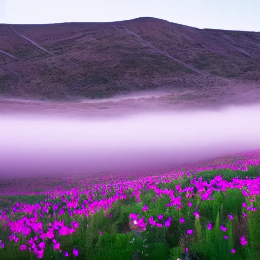 Prompt: a symmetrical a photo of the valley of the moon, bio illuminance flowers, fog rolling in, symmetrical
