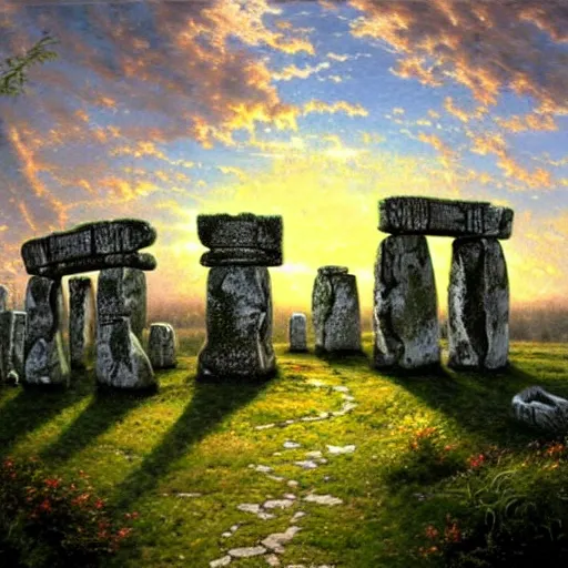 Prompt: a beautifully detailed oil painting of a stonehenge ruins covered in ancient graffitti, on the top of a hill, dusk, art by Thomas Kinkade, art by Banksy, trending on artstation