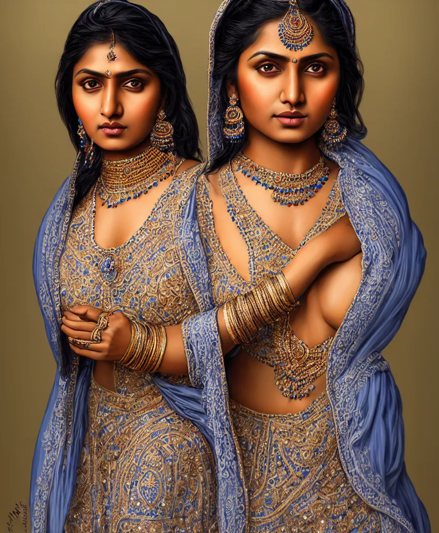 Image similar to highly detailed full body portrait of south asian brown woman in traditional wear, studio portrait, grey colored eyes, blue colored traditional wear, photo by jerry ghionis, hyper realistic, concept art, 8 k detail post - processing