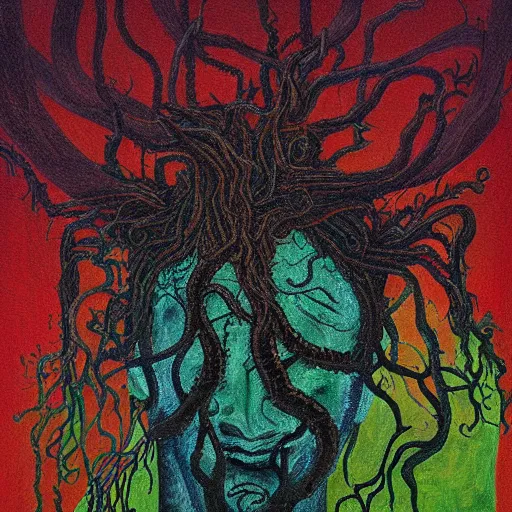 Prompt: abstract painting, award - winning painting of a edgar alan poe, infested with pitch green, grass - like, shadow roots with lots of tendrils on the skin, blue veins, intricate detail, deep red roots, infestation, shadowy, lovecraftian, beksinksi, chiaroscuro, close - up portrait shot