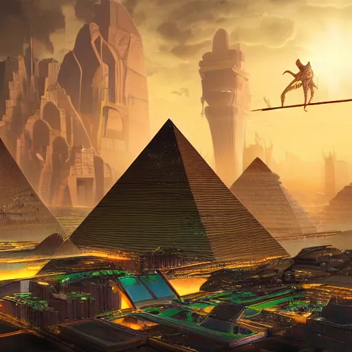 Image similar to a scene of the beautiful intricate epic futuristic pharaoh city with a cyber sphinx, a clearly hovering cyber pyramid, hyper detailed, cinematic lighting