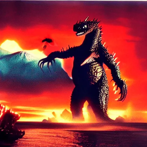 Image similar to wide scenic shot from the David Lynch production of Godzilla vs mechakraken, depicting several kaiju fighting. Cinematic, VHS copy, film grain, 35mm film.