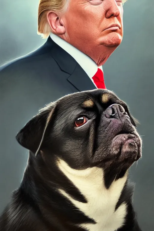 Prompt: photorealistic portrait photograph of donald trump with a black pugalier, handsome, depth of field, soft focus, highly detailed, intricate, realistic, national geographic cover, soft glow, textured, artstation, concept art, sharp focus, illustration, art by artgerm and greg rutkowski and alphonse mucha