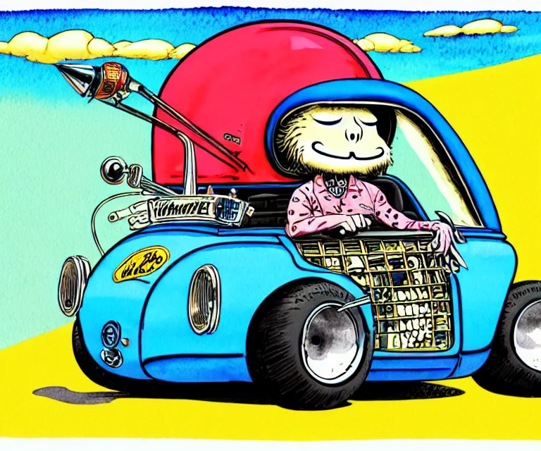 Prompt: cute and funny, ben kweller, wearing a helmet, driving a hotrod, oversized enginee, ratfink style by ed roth, centered award winning watercolor pen illustration, isometric illustration by chihiro iwasaki, the artwork of r. crumb and his cheap suit, cult - classic - comic,