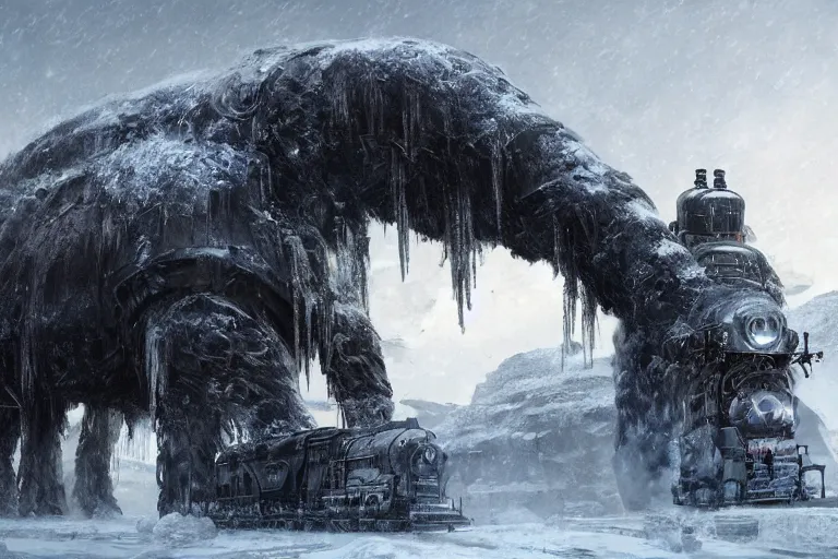 Image similar to a grand intricate futuristic black steam train next to a giant mammoth, post - apocalyptic ice landscape in snowstorm, concept art, artstation, highly detailed, digital art