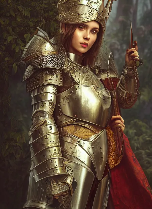 Prompt: Beautiful art portrait of a female fantasy queen in plate armour in a bright temple surrounded by lush forest, atmospheric lighting, intricate detail, cgsociety, hyperrealistic, octane render, RPG portrait, ambient light, dynamic lighting