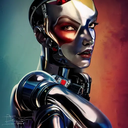 Prompt: a full portrait of beautiful, mischievous, young woman cyborg in latex suit by sandra chevrier, detailed render, epic composition, cybernetics, 4 k realistic, cryengine, realistic shaded lighting, octane render, sharp focus, masterpiece, by matteo scalera, gary montalbano, peter elson in the style of the tokyo ghost comic, epic angles