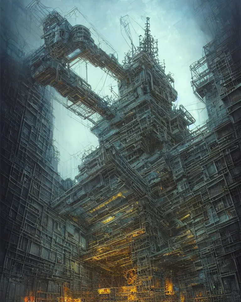 Image similar to low angle shot of a cyberpunk robot building in chernobyl, intricate, elegant, highly detailed, centered, digital painting, artstation, concept art, smooth, sharp focus, illustration, artgerm, tomasz alen kopera, peter mohrbacher, donato giancola, joseph christian leyendecker, wlop, boris vallejo