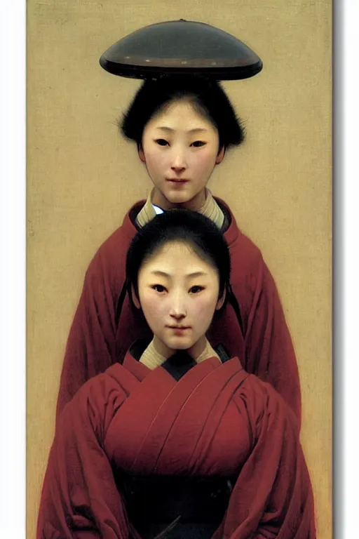 Image similar to portrait of an ancient human species women in samurai astronaut helmets, by bouguereau