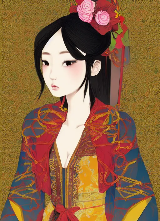 Prompt: a digital illustration of a young asian woman, ornate, colorful robe, shy, illustrated by jung chen ( lulu chen ), featured on artstation, gothic art, anime aesthetic, art on instagram, gothic, dark