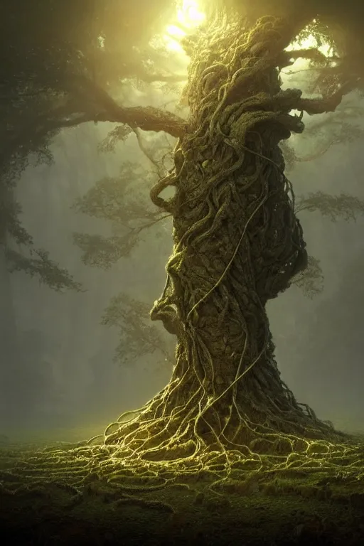 Image similar to a macro of an ancient tree made from cables and bio - organic micro organisms growing in a mystical setting, cinematic, beautifully lit, by tomasz alen kopera and peter mohrbacher and craig mullins, 3 d, trending on artstation, octane render, 8 k