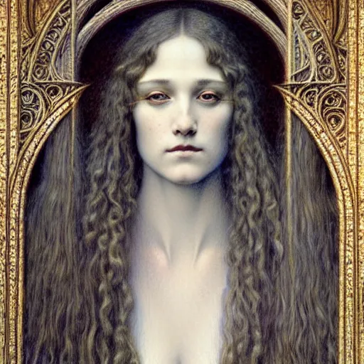 Image similar to detailed realistic beautiful young medieval queen face portrait by jean delville, gustave dore and marco mazzoni, art nouveau, symbolist, visionary, gothic, pre - raphaelite. horizontal symmetry