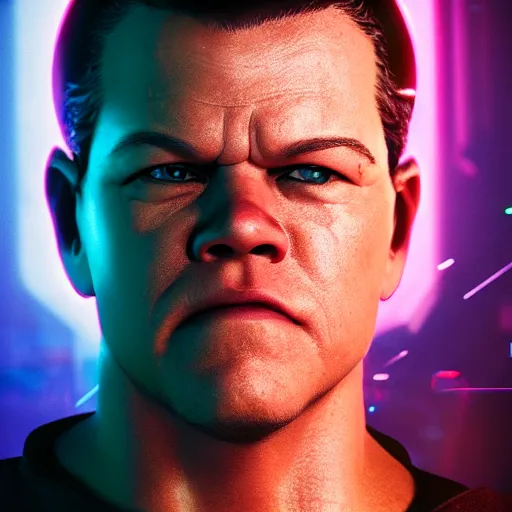 Image similar to matt damon portrait, cyberpunk 2 0 7 7, cyberpunk jackie welles, photorealistic, ultra detailed, neon, octane, bokeh, cinematic lighting, cyber, cyberpunk city, studio quality, feature, scars, cyberface, 8 k