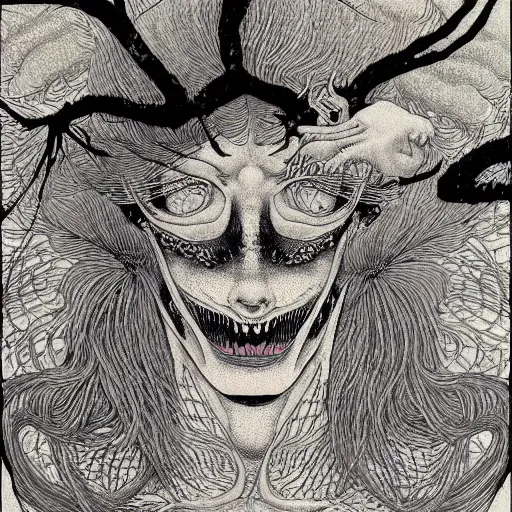 Prompt: takato yamamoto, symmetrical, 8 k, metamorphosis of a chimera, nightmarish, junji ito, black and white, highly detailed illustration, macro