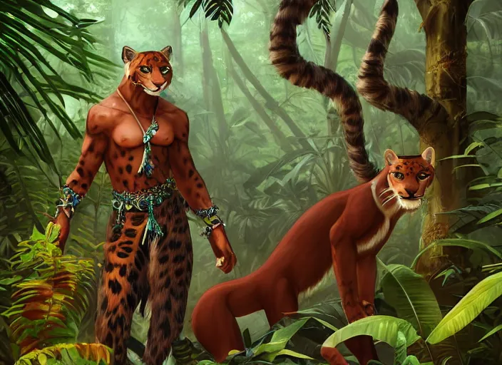 Image similar to character portrait feature of the anthro male anthropomorphic jungle cat jaguar fursona animal person wearing shaman outfit robes belt in the amazon rainforest, character design stylized by charlie bowater, ross tran, artgerm, makoto shinkai, detailed, soft lighting, rendered in octane