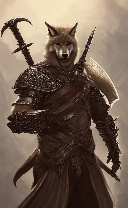 Prompt: male stocky werefox warrior in leather armour, holding a scimitars, feywild, d & d, fantasy, intricate and very beautiful and highly detailed, elegant, digital painting, artstation, concept art, matte, smooth and sharp focus, illustration, art by artgerm and greg rutkowski