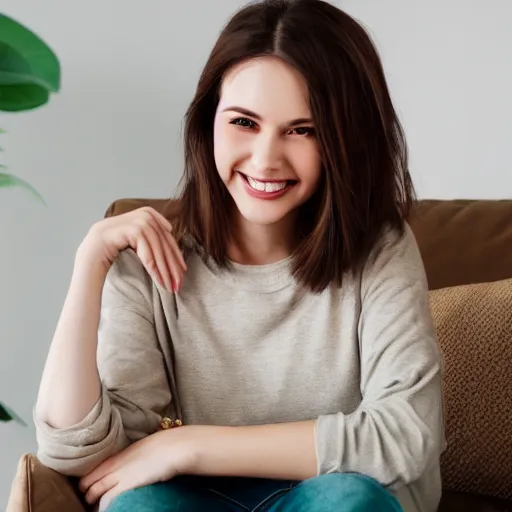 Image similar to Render of a cute 3d young woman smiling, long shiny bronze brown hair, full round face, emerald green eyes, medium skin tone, light cute freckles, smiling softly, wearing casual clothing, relaxing on a modern couch, interior lighting, cozy living room background, medium shot, mid-shot, soft focus, trending on Artstation, Unreal Engine 5 , 4k, professional photography, Portra 400