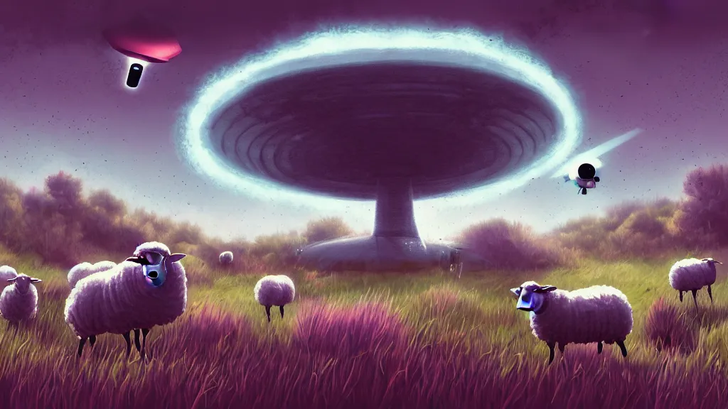 Prompt: sheep in a field being abducted by a ufo!, horror cartoon, hyper energy, punk aesthetic, highly detailed, digital painting, artstation, concept art, sharp focus, illustration,