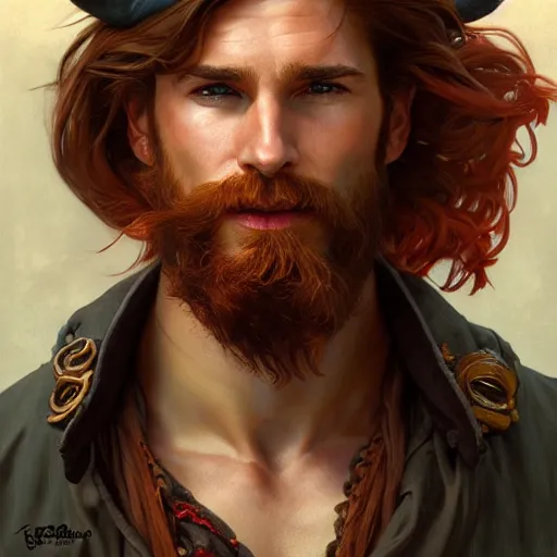 Image similar to portrait of a young ruggedly handsome but joyful pirate, male, masculine, upper body, red hair, long hair, d & d, fantasy, intricate, elegant, highly detailed, digital painting, artstation, concept art, matte, sharp focus, illustration, art by artgerm and greg rutkowski and alphonse mucha