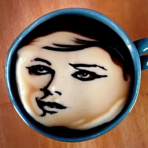 Image similar to photo of a cup of coffee with latte art in the shape of a margot robbie, highly detailed