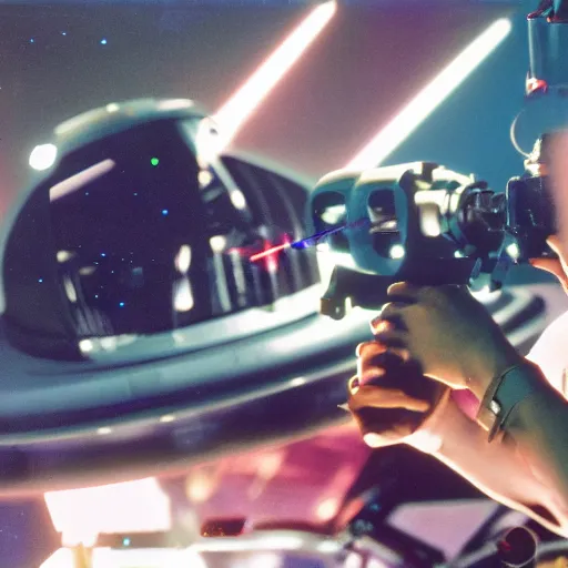 Image similar to a close up instructional well lit photograph of a sci for spaceship battle command showing off various laser blasters and sound cannons to an alien Kodachrome